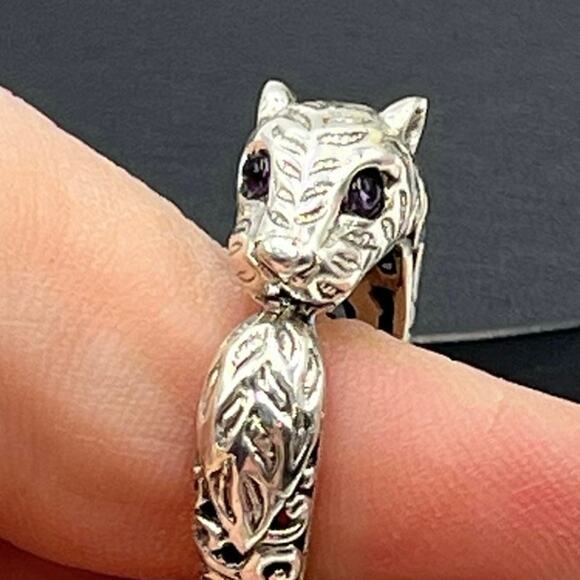 Sterling Silver Panther Scrollwork Intricate Bali Genuine Amethyst Eyes Ring 8 - Picture 5 of 12